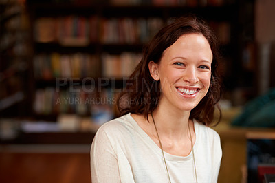 Buy stock photo Happy, portrait of woman librarian and in a library with a smile for education. Reading or learning, studying academic or happiness and cheerful female person at a book store looking for books 