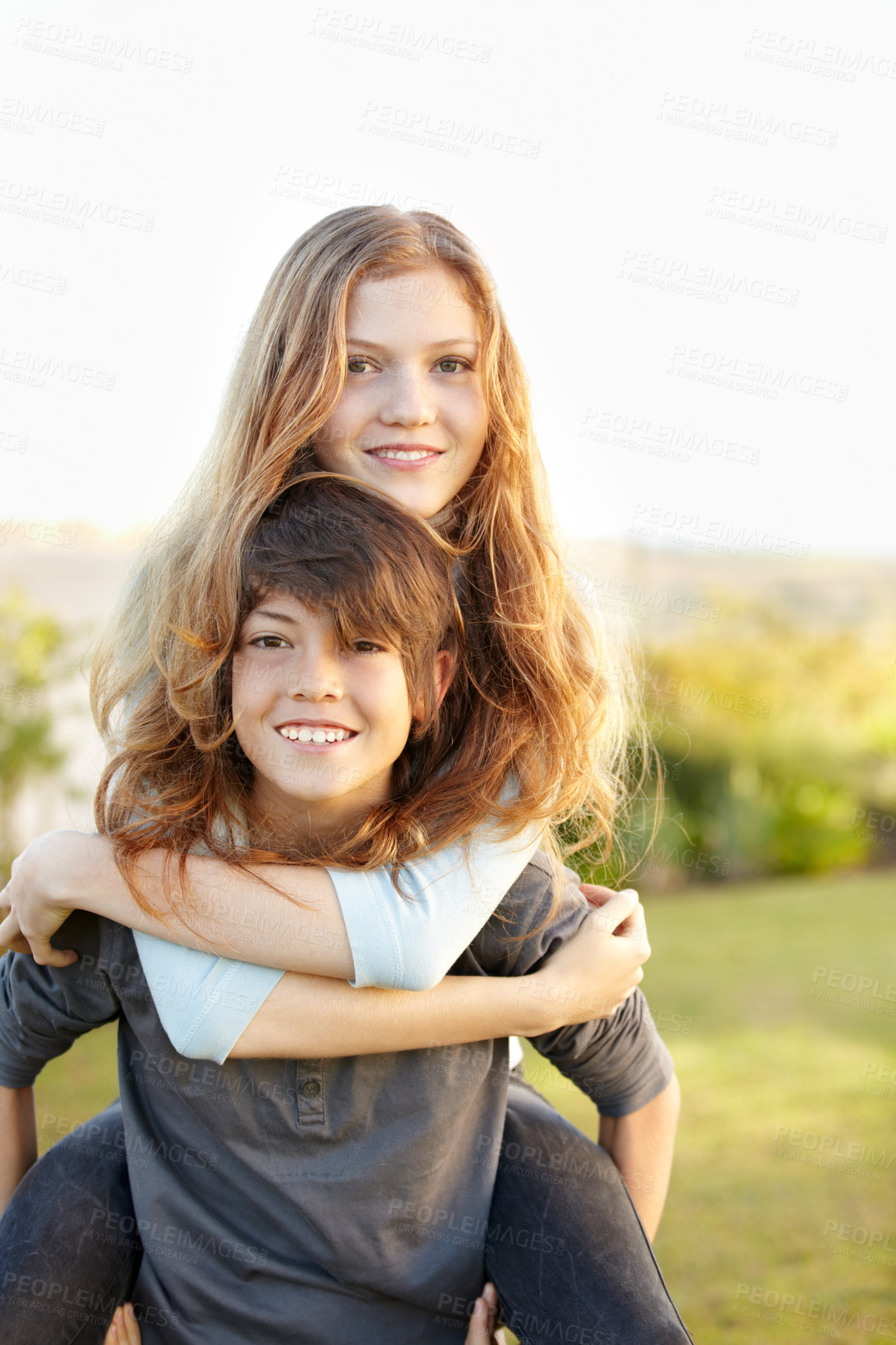 Buy stock photo Siblings, teenager or back portrait smile for childhood memories, weekend activity on field. Sister, brother or face together for funny outdoor play hug or love in summer embrace, happy or connection