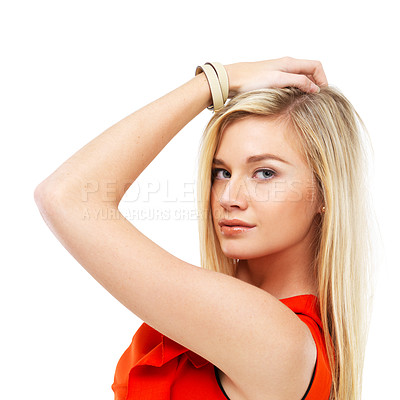 Buy stock photo Confident, fashion and portrait of woman on a white background with pride, cosmetics and beauty. Aesthetic, face and isolated person in red clothes for stylish outfit, style and elegant in studio