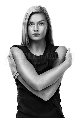 Buy stock photo Portrait, black and white fashion and a woman in studio isolated on a white background for trendy style. Classy, elegant and artistic clothes with a confident young model posing in an outfit