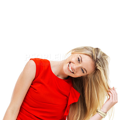 Buy stock photo Laugh, fashion and portrait of woman on a white background with happiness, joy and confidence. Smile, face and isolated person in red dress for stylish outfit, beauty and elegant style in studio