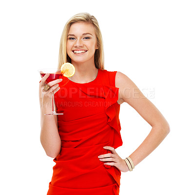 Buy stock photo Cocktail, drink and portrait of woman in club fashion in studio white background. Drinking, alcohol and model with happiness in red dress at nightclub, party or event with confidence, style or beauty