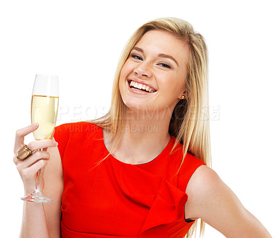 Buy stock photo Portrait, champagne and toast with a woman in red isolated on white background at an event, party or gala. Face, success and alcohol glass with the smile of a happy young person celebrating in studio