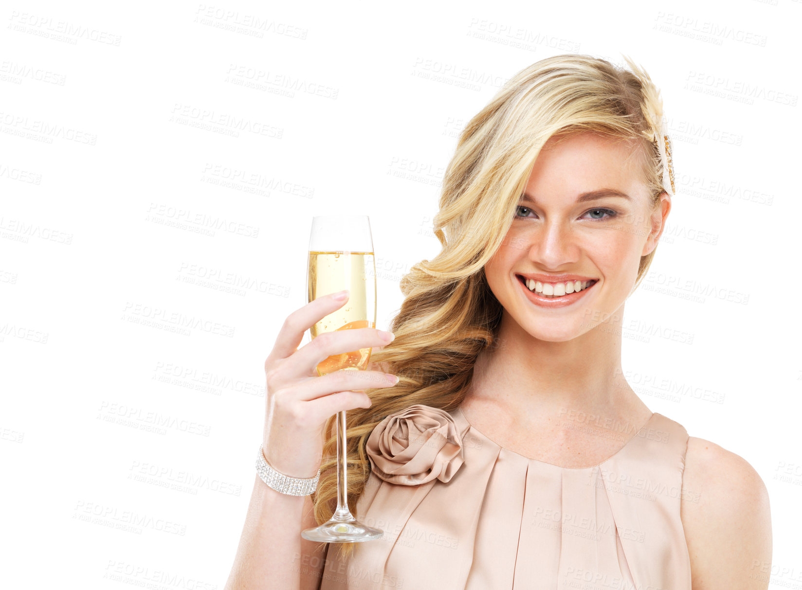 Buy stock photo Closeup of a stunning young blonde woman holding a glass of champagne