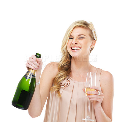 Buy stock photo A gorgeous young blonde woman laughing while holding a glass and bottle of champagne