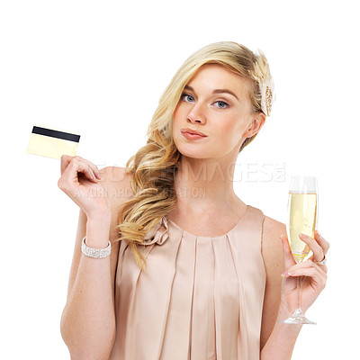 Buy stock photo Champagne, drink and portrait of woman with credit card or debit payment in nightclub or white background. Luxury, banking and model waiting to pay in club, event or party with alcohol or cocktail