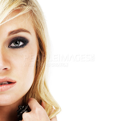 Buy stock photo Portrait of blonde woman in eyeshadow, skincare and makeup in studio isolated on white background mockup space. Face, cosmetics and beauty of serious model in facial treatment, aesthetic and wellness