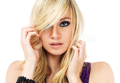 Buy stock photo Portrait of blonde woman, hair care and eyeshadow makeup in studio isolated on white background. Face, cosmetics or hairstyle of confident model in salon treatment, hairdresser or beauty for skincare