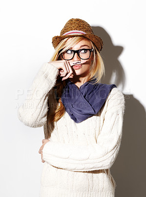 Buy stock photo Hipster, isolated portrait and girl with moustache on index finger, nerd glasses and fun pose on studio white background. Young woman, modern fashion and mustache joke or goofy, weird and finger