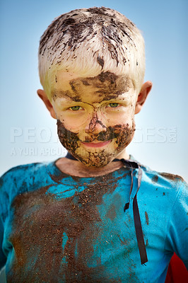 Buy stock photo Boy, child and mud on face with smile from playing, dirt or happiness in summer weather or water. Kid, person and portrait with satisfaction for messy or dirty fun outdoor in sunshine or garden