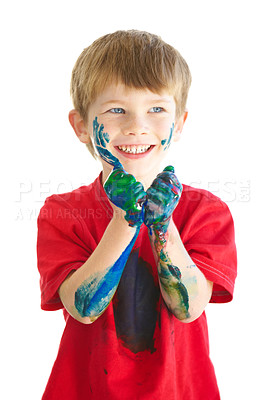 Buy stock photo Smile, paint and a naughty or messy boy in studio isolated on a white background for art as a creative. Children, hands and a happy young kid looking excited by the creativity of artistic painting
