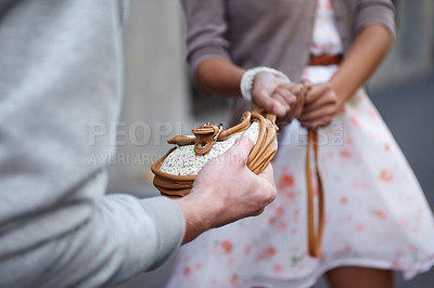 Buy stock photo Closeup cropped image of a  woman having her bag snatched by a criminal