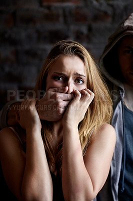 Buy stock photo Woman, abuse and silence with hands, scared and partner with fear, afraid and victim. Relationship, harassment or home for physical assault, problem or domestic violence with terror, anxiety or pain
