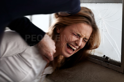 Buy stock photo Woman, crying and abuse with physical assault, screaming and criminal with hands, conflict and fight. Toxic relationship, harassment and window for problem, aggressive and domestic violence attack

