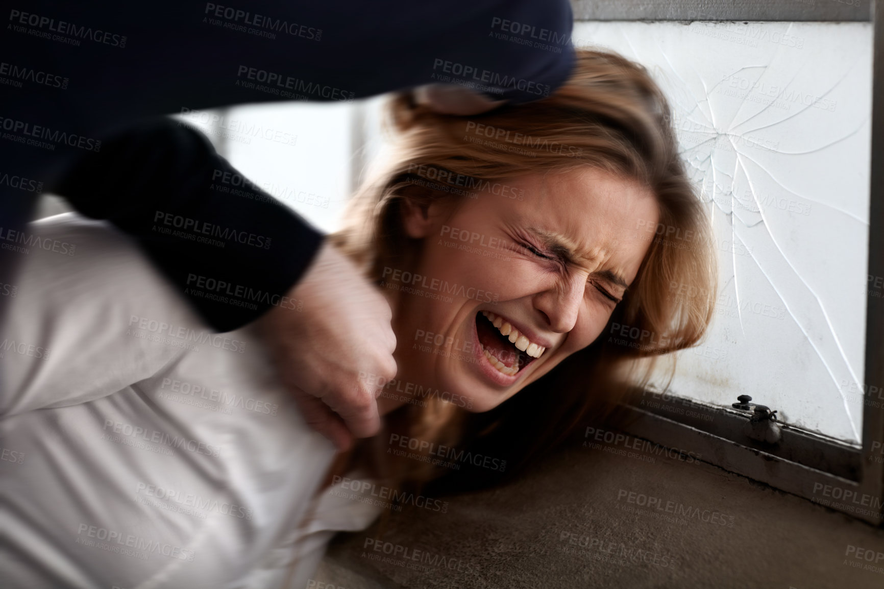 Buy stock photo Woman, crying and abuse with physical assault, screaming and criminal with hands, conflict and fight. Toxic relationship, harassment and window for problem, aggressive and domestic violence attack
