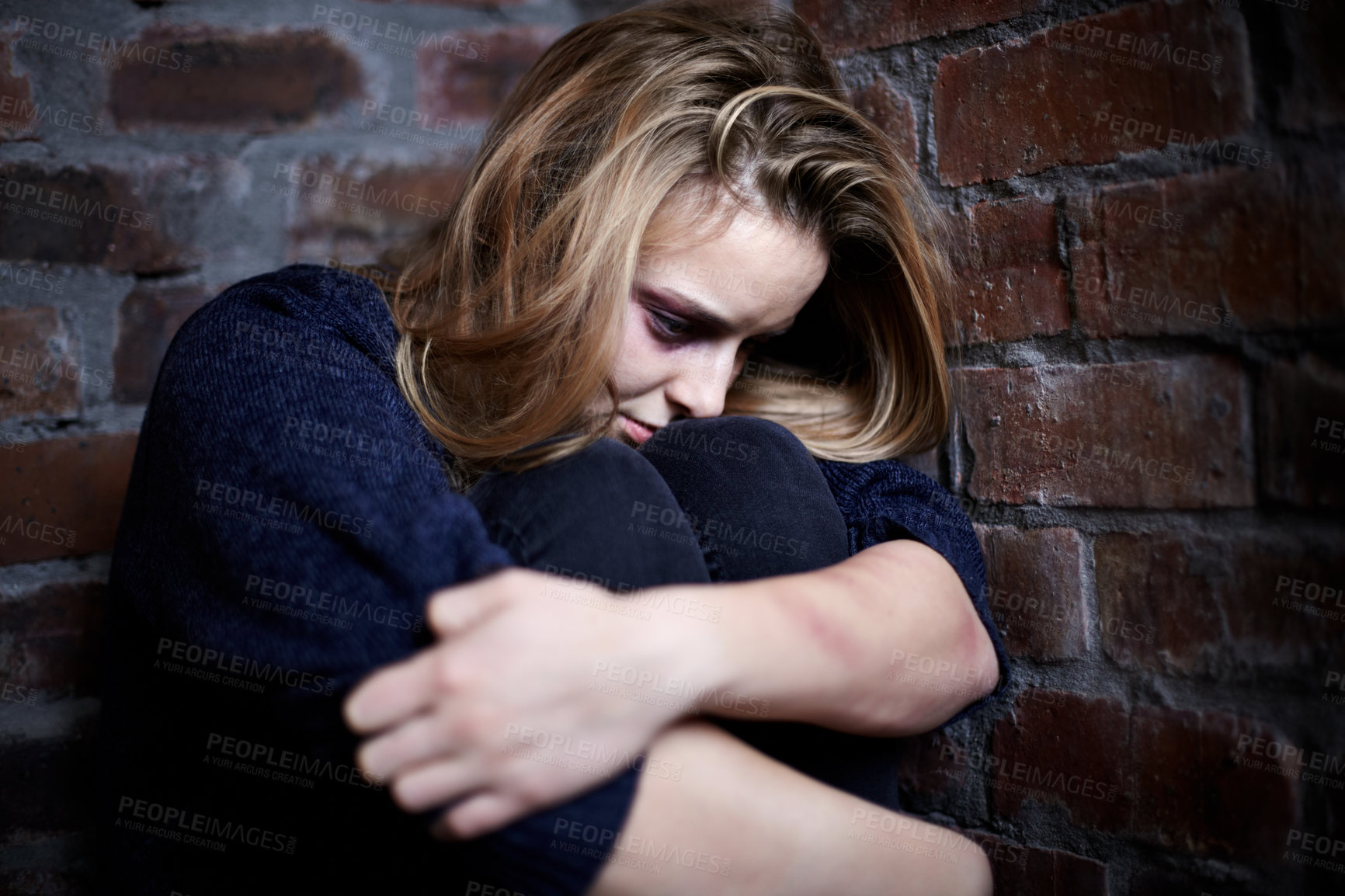 Buy stock photo Abuse, anxiety and woman on the floor, fear and domestic violence with addiction, stress and depression. Person, girl and victim on the ground, scared and crisis with horror, conflict and burnout