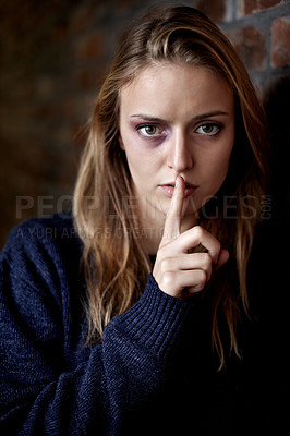Buy stock photo Portrait, finger on the lips and woman with abuse, scared and fear with depression, anxiety and mental health. Face, person and girl with gesture, silence and victim with crisis, terror and horror