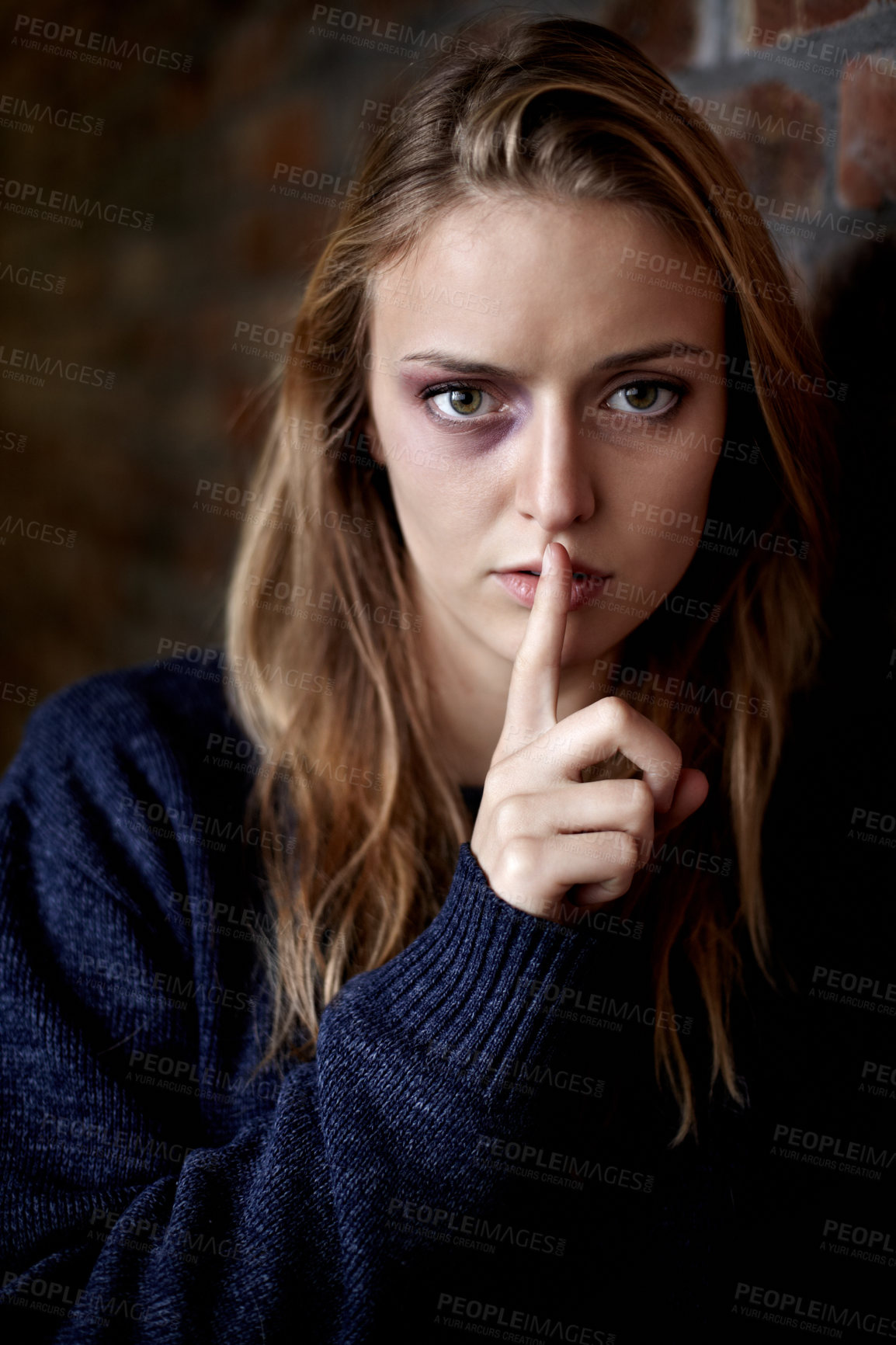 Buy stock photo Portrait, finger on the lips and woman with abuse, scared and fear with depression, anxiety and mental health. Face, person and girl with gesture, silence and victim with crisis, terror and horror