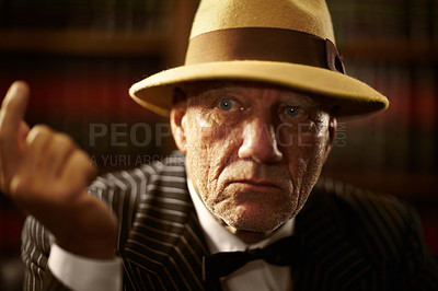 Buy stock photo Mature, mafia and boss with serious look on face with fearless threat, power and reputation for organized crime. Elderly person, mob and gangster for vintage fashion, suit and bowtie in space
