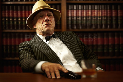 Buy stock photo Man, mafia and boss or gun serious face for crime gangster, whiskey in office. Male person, hitman and portrait of killer for weapon pistol or danger violence for spy interrogation, business or power