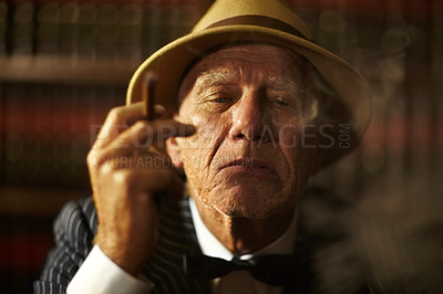 Buy stock photo Old man, smoking and portrait in office with cigar, smoke and crime boss of mob with a decision. Thinking, face and senior gangster with cigarette in mafia or club with reputation of power as leader