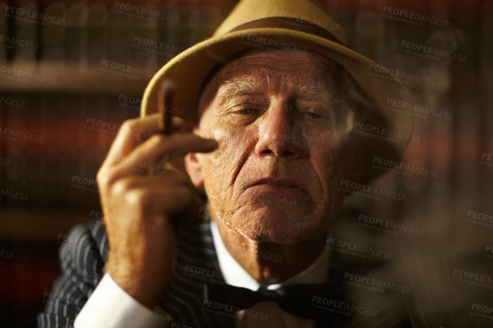 Buy stock photo Old man, smoking and portrait in office with cigar, smoke and crime boss of mob with a decision. Thinking, face and senior gangster with cigarette in mafia or club with reputation of power as leader