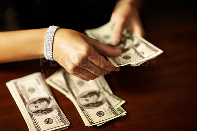 Buy stock photo Woman, hand and count dollar money for rich winning, cash deal or secret wealth fraud. Female person, jewellery or crime banking scam or finance for pay profit bribe, exchange or illegal bills notes