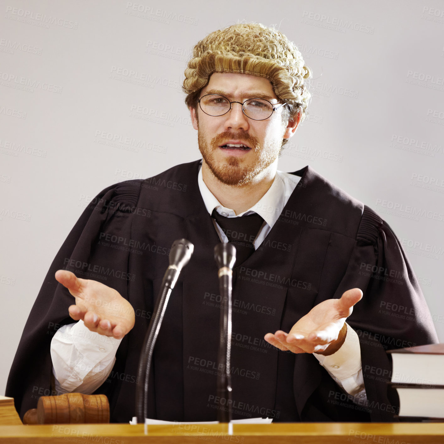 Buy stock photo Legal, doubt and a judge man in court asking a question about trial evidence for a crime verdict. Law, justice and glasses with a confused lord justice listening to proof or testimony for a case