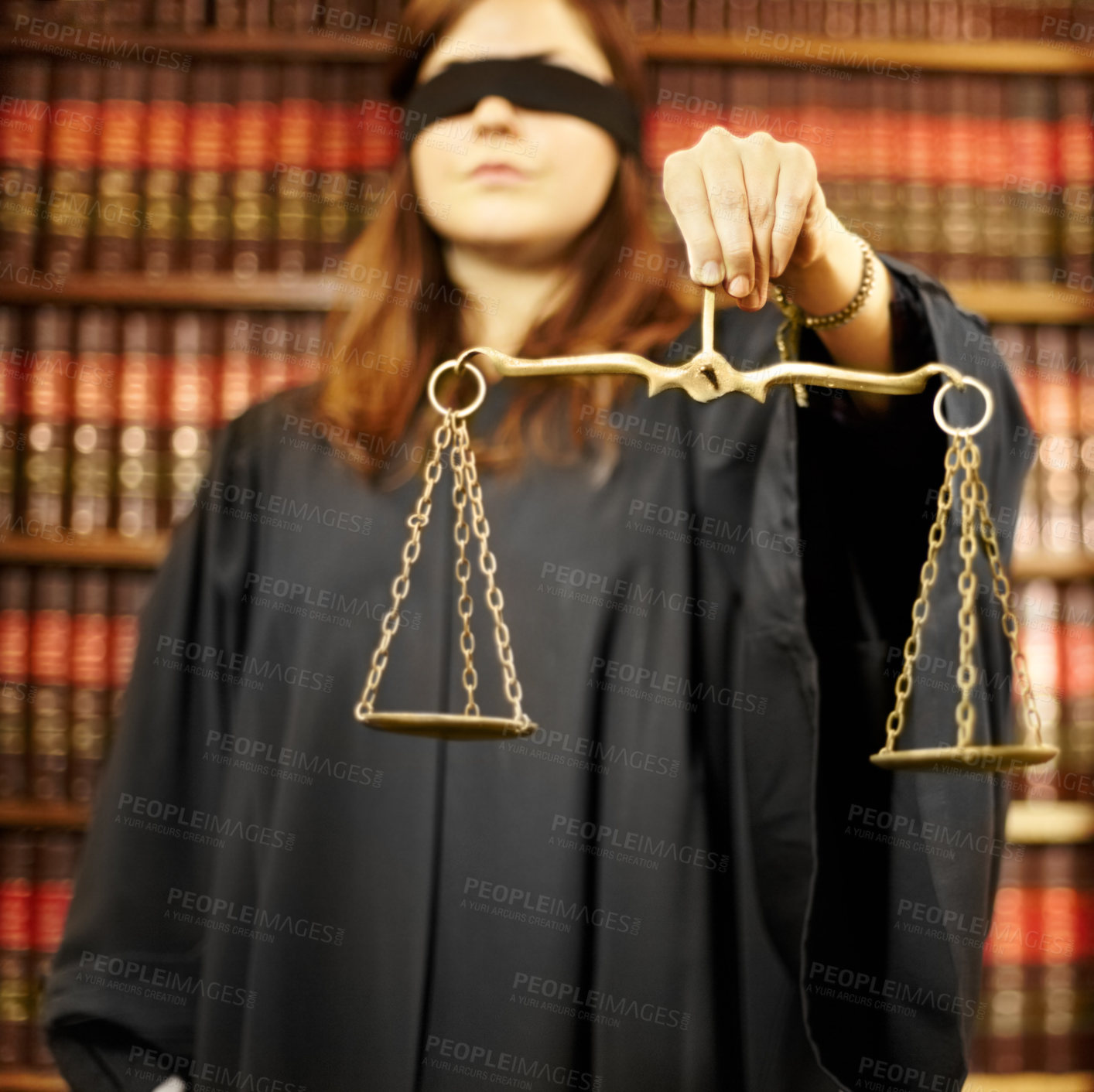 Buy stock photo Blindfolded, lawyer and closeup of a scale for justice, court decision or criminal advocate. Office, working or a legal employee holding a tool for judge, notary or legislation in the workplace