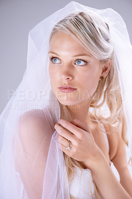 Buy stock photo Thinking, veil and woman bride in wedding dress or with bridal makeup and cosmetics on lace in white studio background. Doubt, marriage and female person dream about serious and natural love