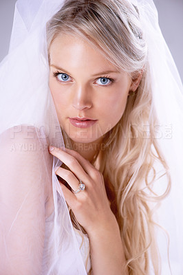 Buy stock photo Closeup portrait of a beautiful young bride wearing a veil and wedding ring