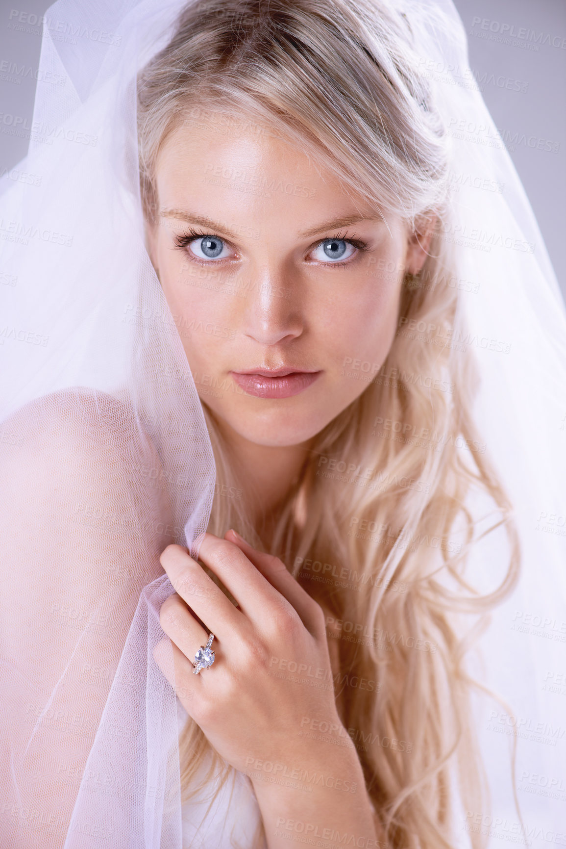 Buy stock photo Portrait, beautiful bride and a wedding dress or woman in a lace veil and newlywed with diamond ring on finger. Face, bridal gown, makeup and hairstyle or jewellery for marriage and celebration