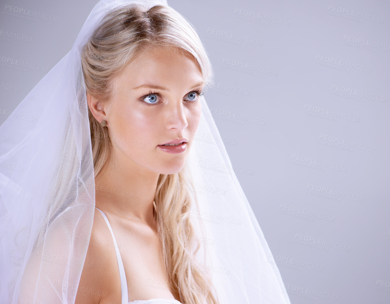 Buy stock photo Thinking, bride and woman with beauty, underwear and celebration on a white studio background. Stylish, person or model with mockup space, wedding and marriage with girl, veil or commitment with idea