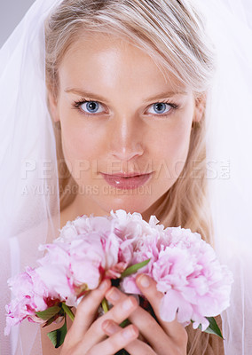 Buy stock photo Portrait, woman and bride with a bouquet, celebration and happiness with event, excited and smile. Face, person and girl with flowers, wedding and marriage with plants, beauty and commitment with joy