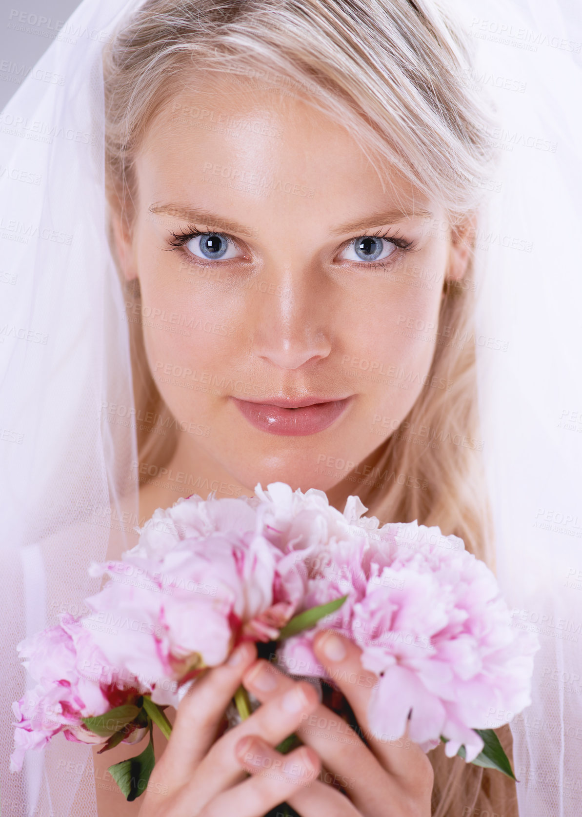 Buy stock photo Portrait, woman and bride with a bouquet, celebration and happiness with event, excited and smile. Face, person and girl with flowers, wedding and marriage with plants, beauty and commitment with joy