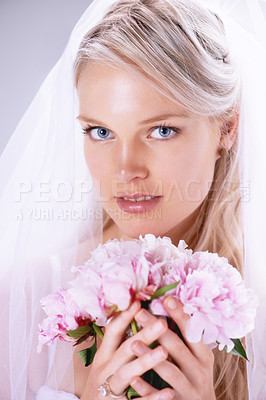 Buy stock photo Portrait, woman and bride with a bouquet, event and ring and beauty with plants, commitment and celebration. Face, person and girl with flowers, wedding and marriage with veil, jewelry and model