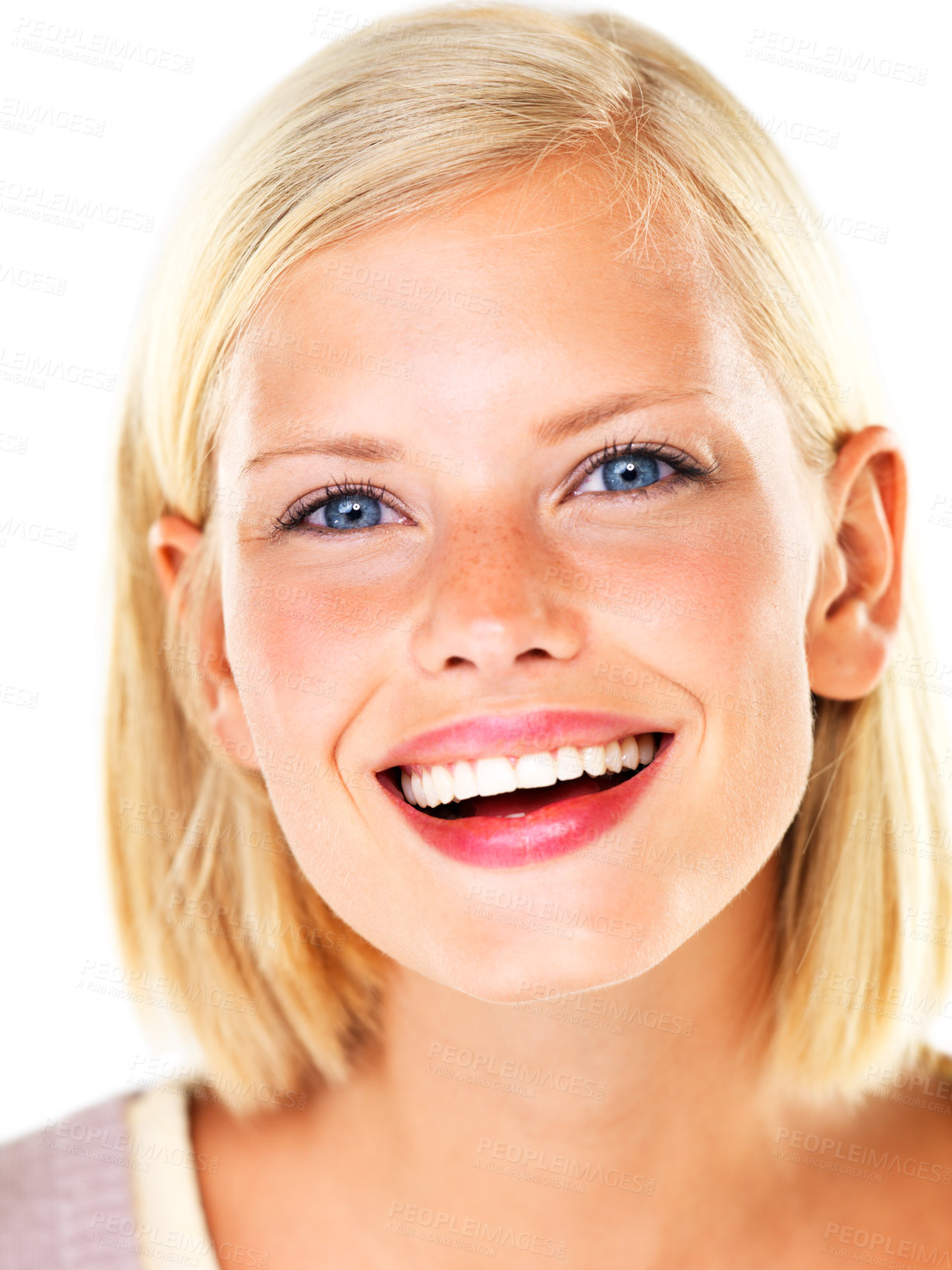 Buy stock photo Beautiful young blond woman smiling and laughing happily