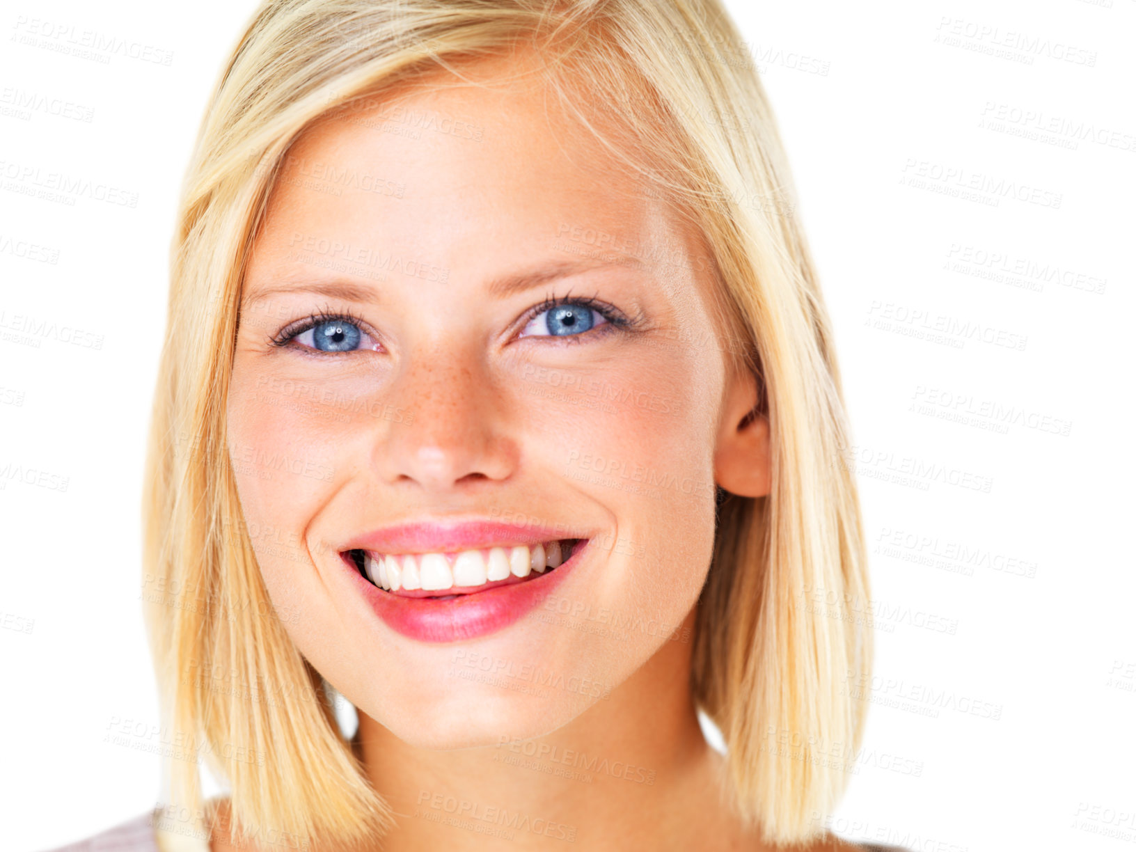 Buy stock photo Gorgeous young blond woman smiling happily against a white background