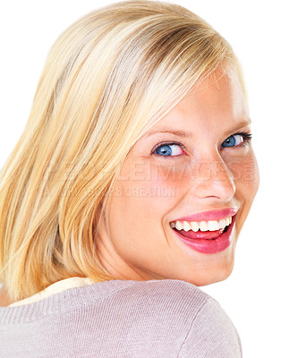 Buy stock photo Portrait, woman and smile with beauty for cosmetic, facial treatment and natural glow in studio on mock up space. Face, person and happiness for skincare, wellness and self care on white background
