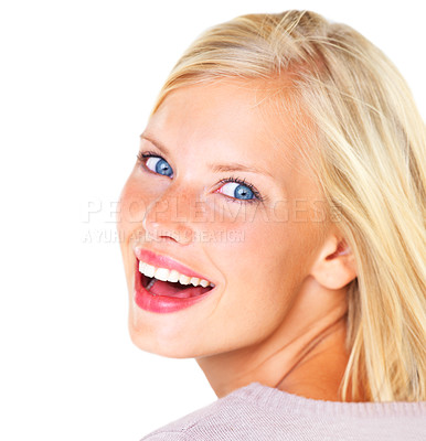 Buy stock photo Portrait, woman and excited with beauty for skincare, facial treatment and natural glow in studio on mock up space. Face, person and happiness for cosmetic, wellness and self care on white background