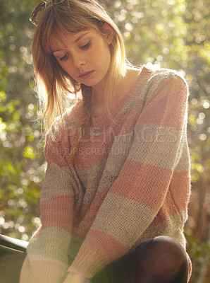 Buy stock photo Nature, thinking and young woman in the forest sitting in a tree for outdoor fresh air with reflection. Memory, natural and female person from Canada in woods with idea, planning or brainstorming.