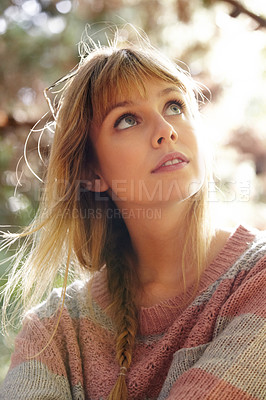 Buy stock photo Nature, thinking and young woman in the woods sitting in a tree for outdoor fresh air with casual outfit. Idea, fashion and female person from Canada in forest with trendy, stylish and cool style.