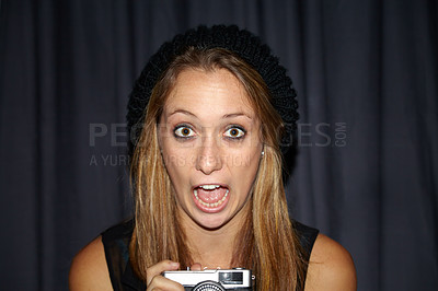 Buy stock photo Shock, photography and portrait of woman with camera for creative and art career by curtain. Surprise, scream and young female person from Australia with wow or omg face expression and dslr equipment