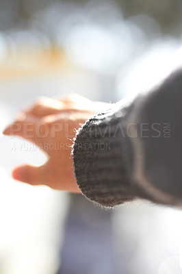 Buy stock photo Closeup, hand and reaching out for help with mental health, support or healing. Nature, hope and a person with a gesture for trust, lost or stretching for assistance with anxiety or depression