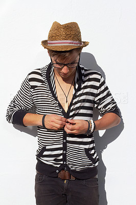 Buy stock photo Man, fashion and hipster or white background for button trend, cool outfit or glasses eyewear. Male person, clothes style and confidence look or funky hat as studio mockup space, summer in Europe