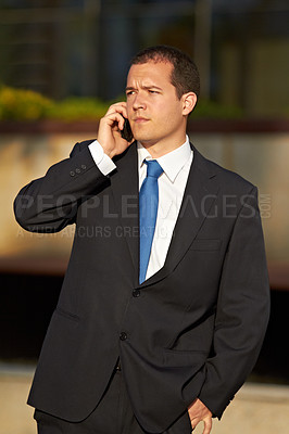 Buy stock photo Phone call, serious or businessman in city planning work project in conversation or communication. Face, broker or financial manager networking for corporate investment or listening to an accountant