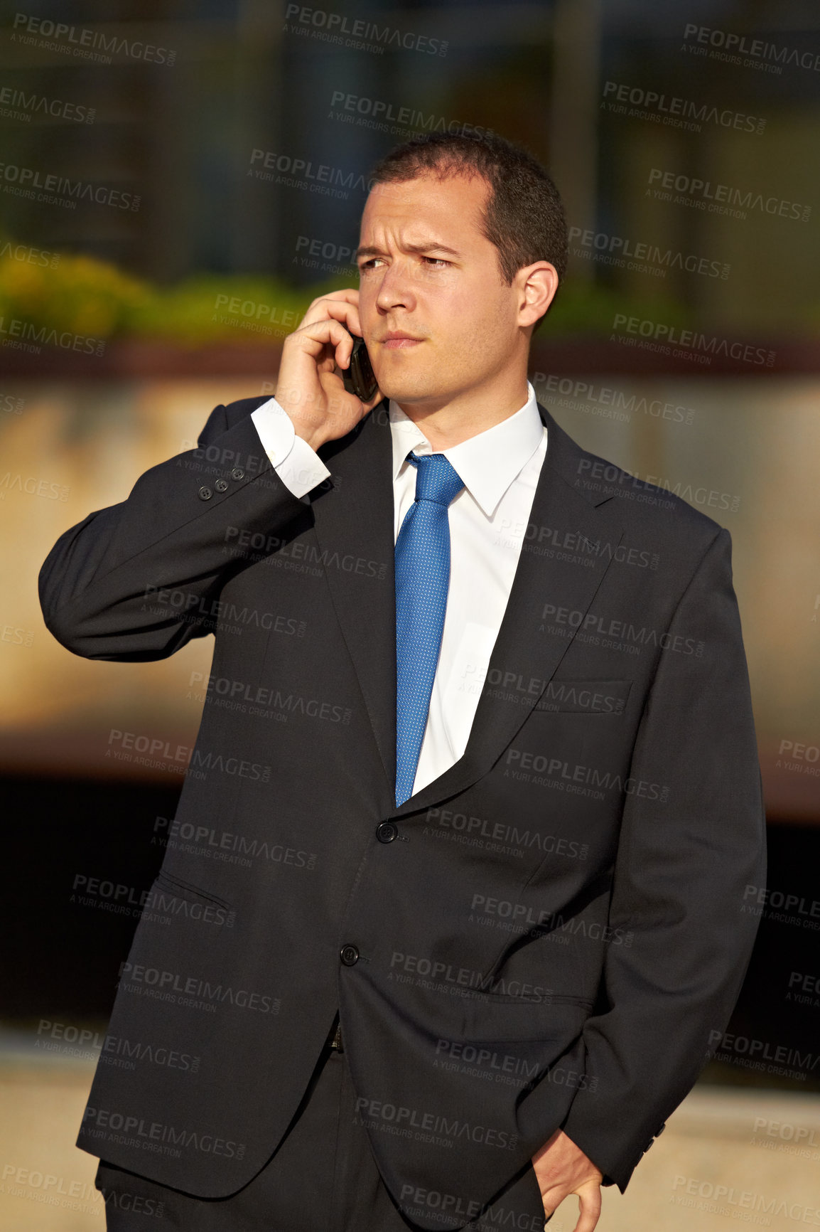 Buy stock photo Phone call, serious or businessman in city planning work project in conversation or communication. Face, broker or financial manager networking for corporate investment or listening to an accountant