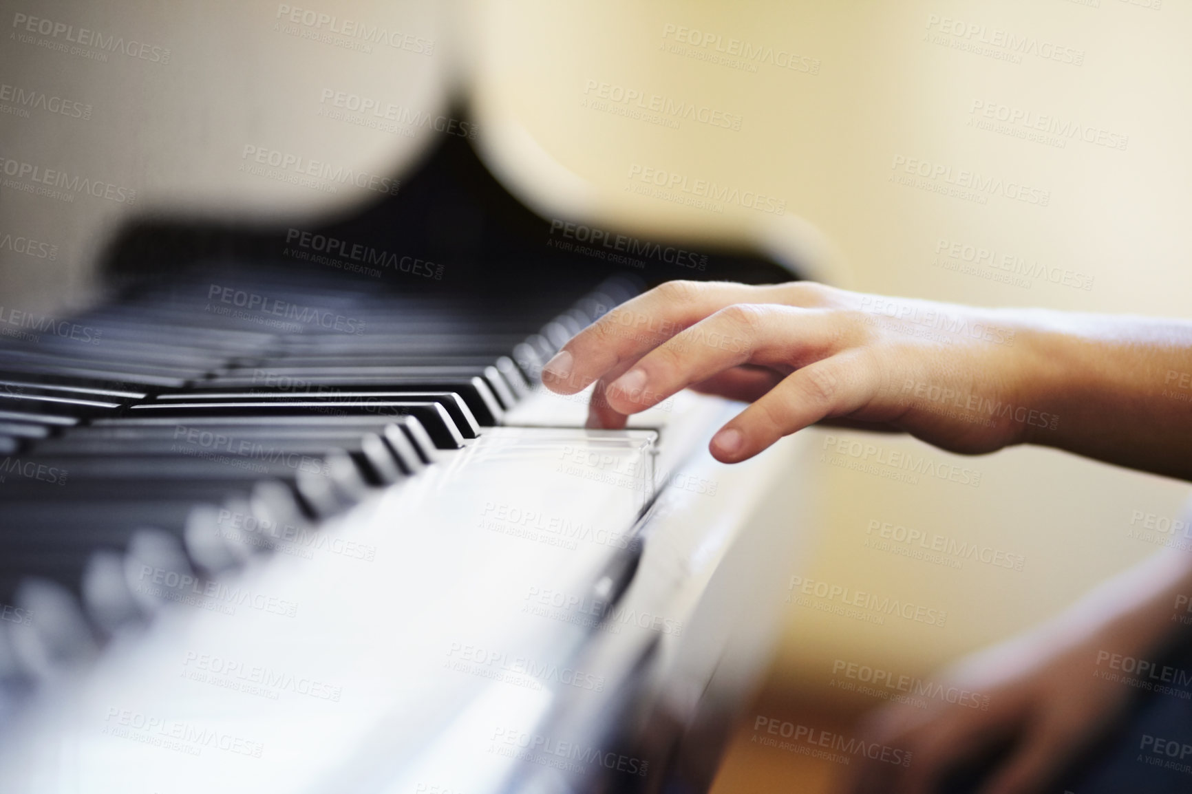 Buy stock photo Boy, hands and piano or play closeup for music talent development, skill class or performance practice. Male person, fingers or key instrument lesson for sound creativity learning, hobby or band show