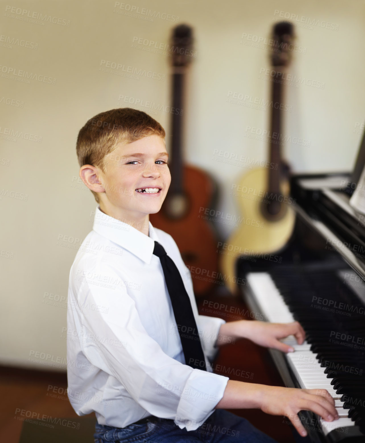 Buy stock photo Child, piano and smile as pianist, band and confidence with instrument, musician and enjoy. Talent, creativity and learn with maestro, playing and happiness for musical, boy and practice keyboard

