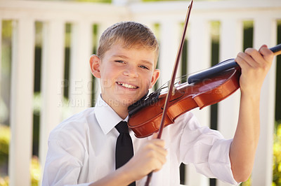 Buy stock photo Art, learning and child with violin in garden with creative show, playing audio and musician with sound. Music, string instrument and violinist, portrait of boy in performance and talent for children